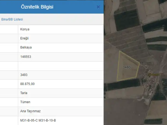 EMLAKYAPTAN KONYA EREĞLİ BELKAYA Y.CEPHE 89 DÖNÜM TEK TAPU TARLA